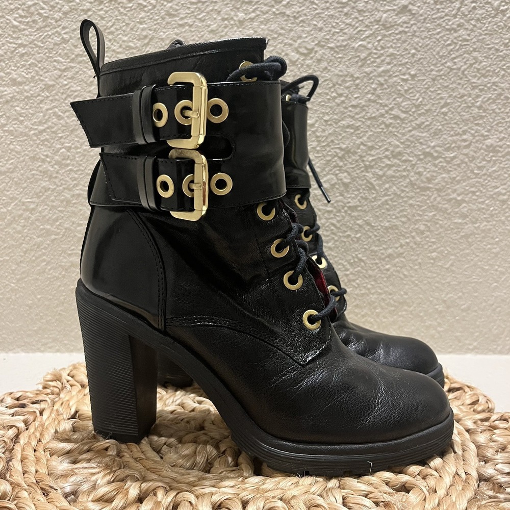 GUESS Finlay Combat Lace Mid Calf Booties Leather Round Toe Zip Sz‎ 7.5 Goth